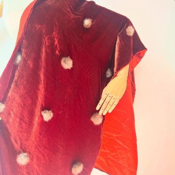 RUST SILK VELVET & SATIN 1950’s 50s Vintage Retro Vintage Rabbit Fur Shawl Wrap - Picture 12 of 16